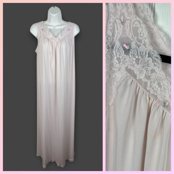 1970's Pale Pink Maxi Slip Dress Shadowline Sheer Vintage Nightgown Medium - Picture 1 of 8